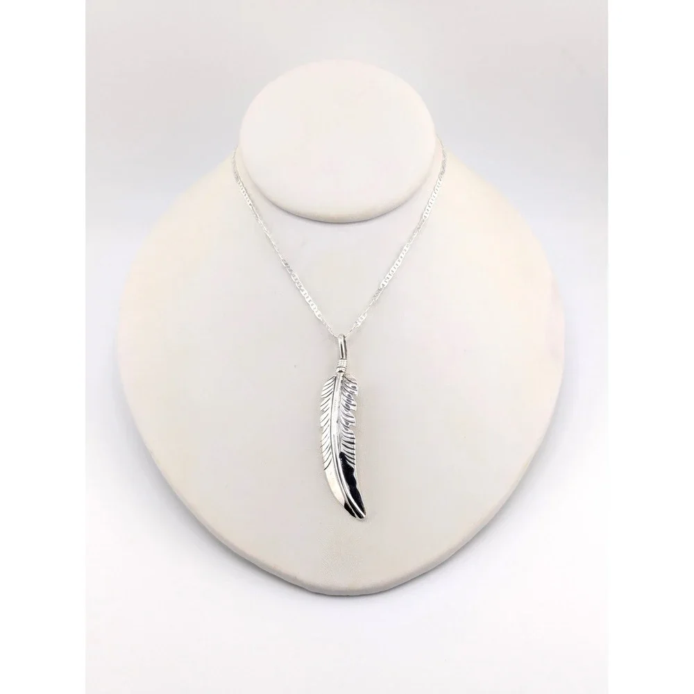 Handmade Navajo Sterling‎ Silver Feather Pendant Necklace NA Jewelry **